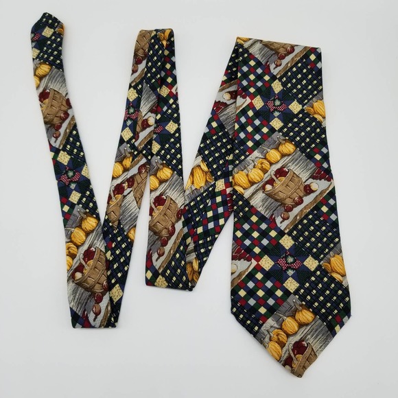 Mens Neck Tie Fall Autumn Harvest Pumpkins Apples Halloween Plaid Farm - Picture 2 of 8